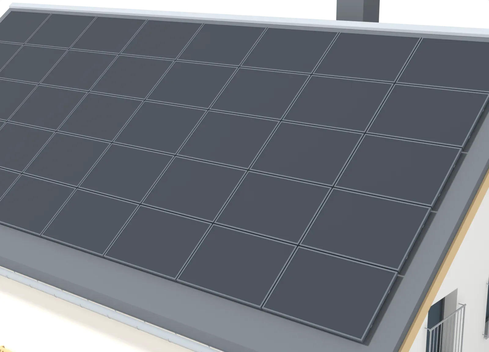 3D-Nahaufnahme einer PV-Anlage auf dem Dach, der Solarstrom läuft über die Module zur Dachrinne