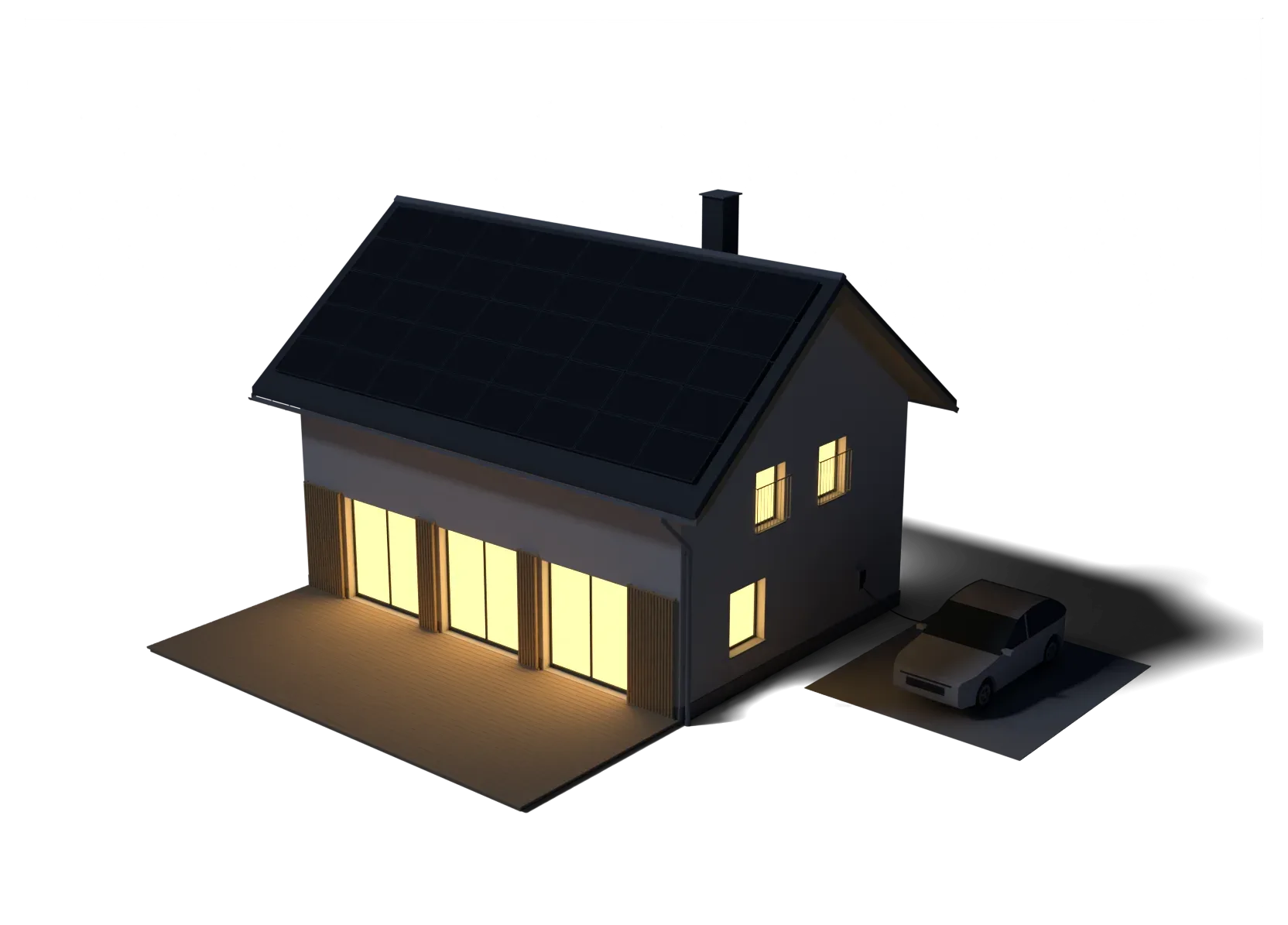 3D-Modell des Hauses bei Nacht, die Fenster sind hell erleuchtet