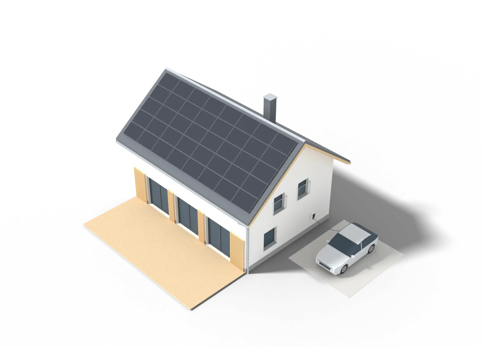 3D-Modell eines Einfamilienhauses von oben: PV-Anlage auf dem Dach, Stromfluss ins Haus und zur Wallbox