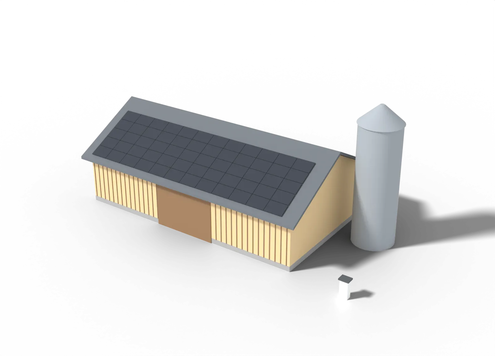3D-Modell einer Scheune mit Holzschalung und Photovoltaik auf dem Süddach, daneben ein Silo: Solarstrom läuft über das Dach, am Giebel hinunter und im Graben zur Zählersäule