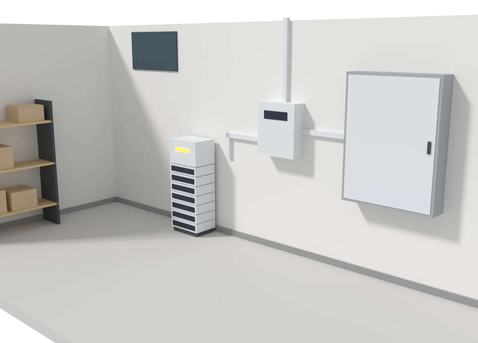 3D-Modell eines Technikkellers: Speicherturm aus sieben Batteriemodulen, daneben der Wechselrichter an der Wand und der Zählerschrank, Solarstrom kommt von der Decke und läuft in Speicher und Zählerschrank