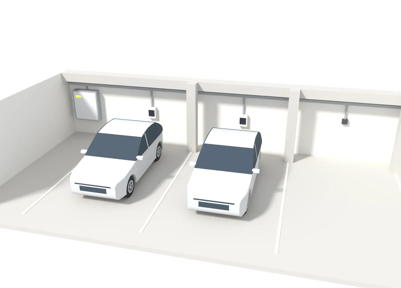 3D-Modell einer Tiefgarage: Vom Verteiler an der Rückwand läuft eine Leitung auf der Kabeltrasse über alle Stellplätze, zwei Wallboxen laden je ein Auto, am dritten Stellplatz endet die Leitung in einer vorbereiteten Anschlussdose