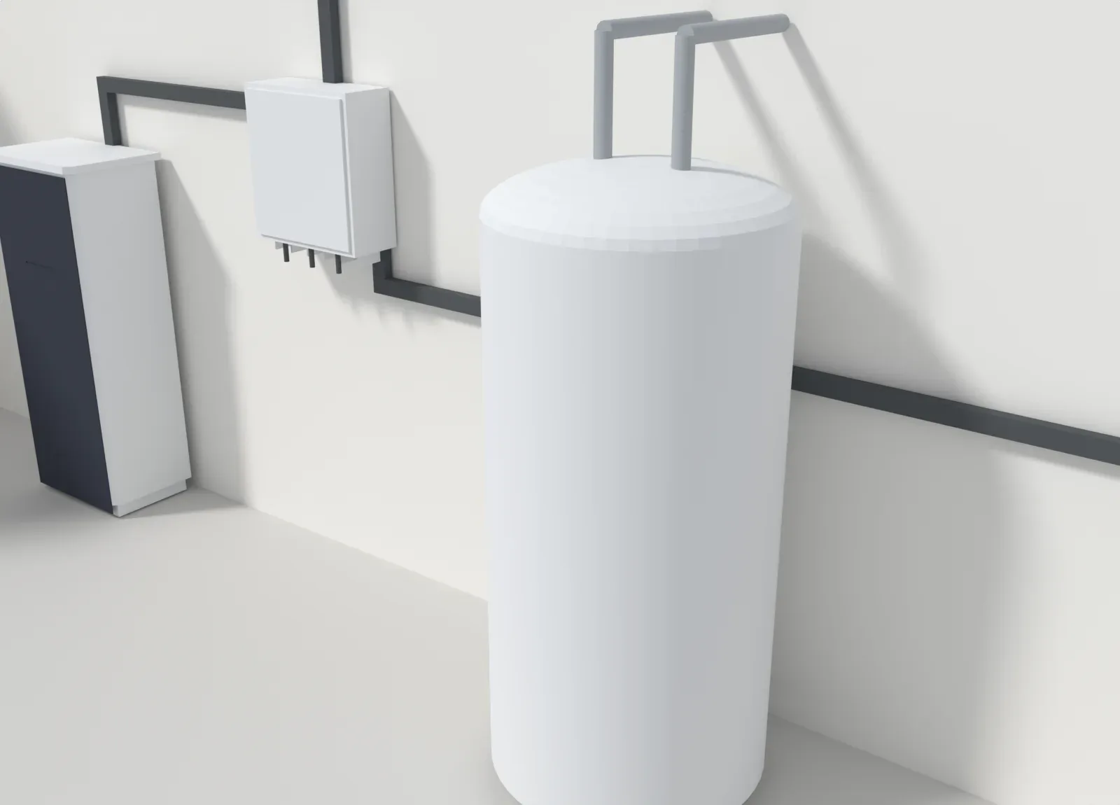 3D-Modell eines Warmwasserspeichers im Keller mit Stromzuleitung