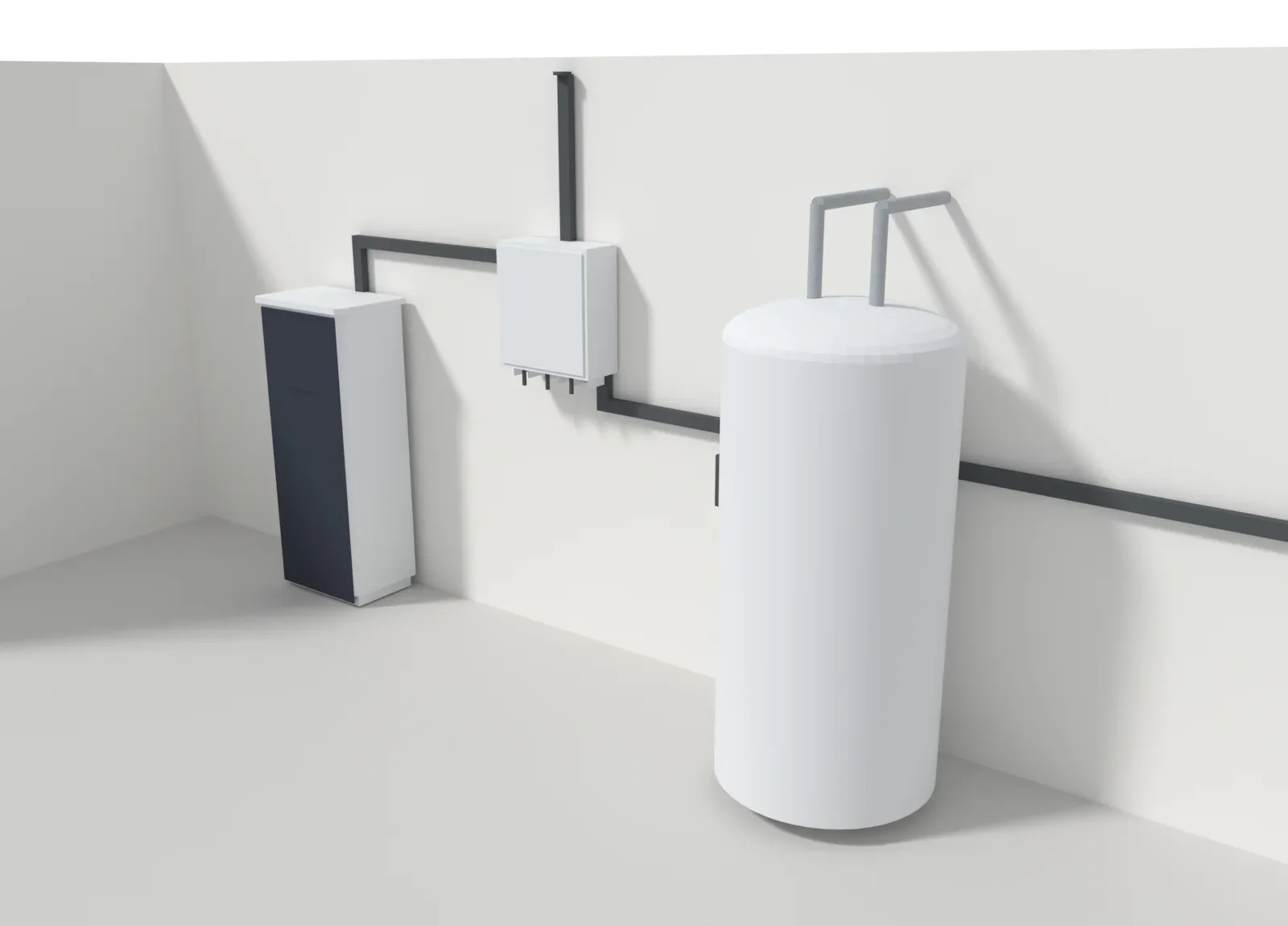 3D-Modell einer Kellerecke: Die Leitung vom Dach führt zum Wechselrichter, von dort läuft der Strom in einen Warmwasserspeicher, links steht ein Batteriespeicher