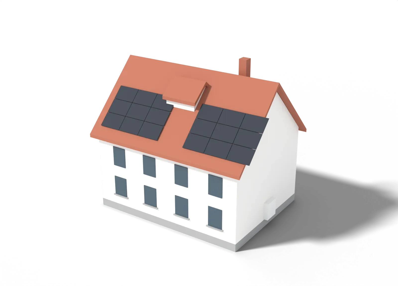 3D-Modell eines älteren Wohnhauses mit steilem Ziegeldach, Gaube und Schornstein, links und rechts der Gaube je ein Modulfeld: Solarstrom läuft zum Giebel und hinunter zum Zählerschrank