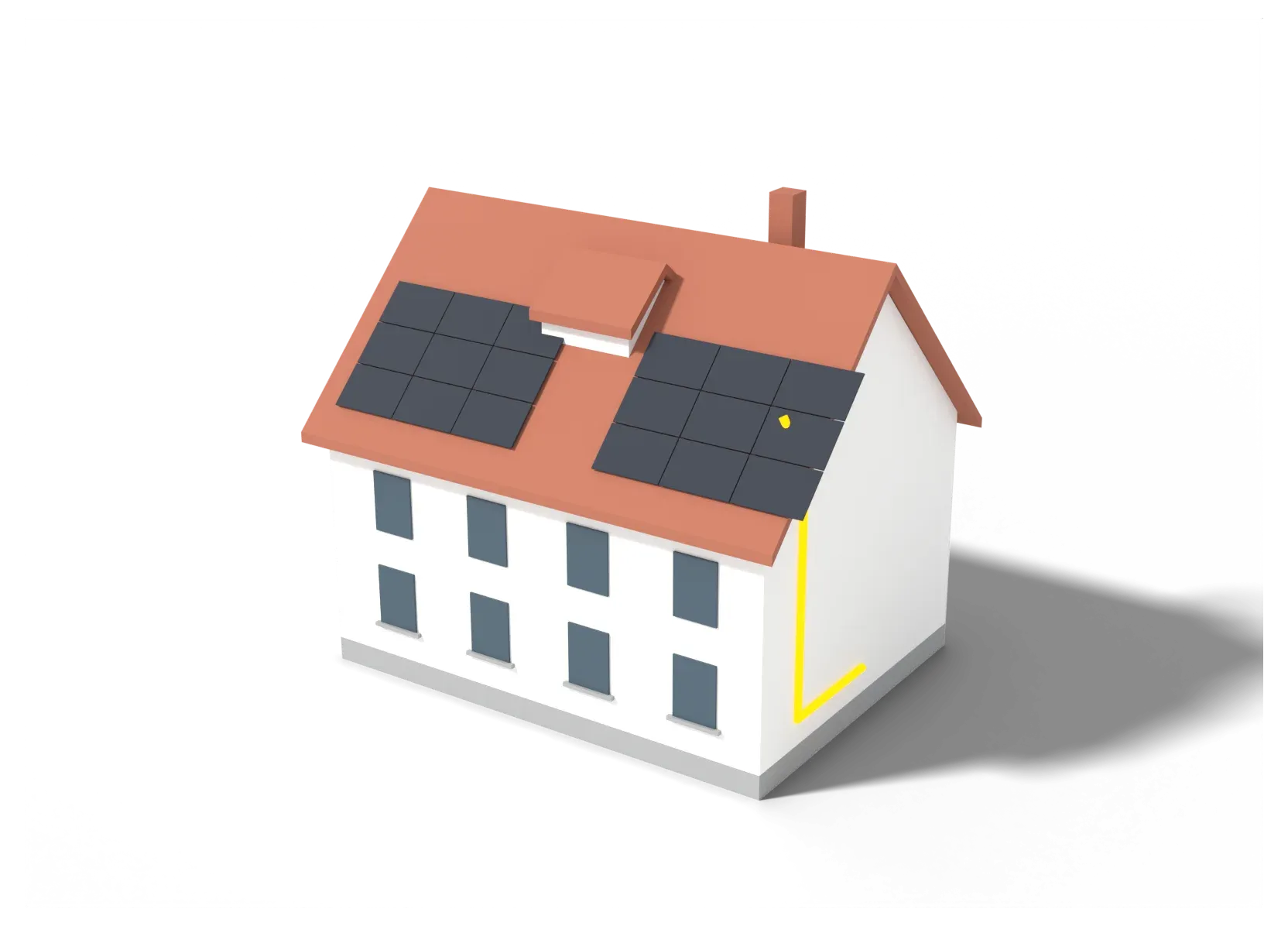3D-Modell eines Altbaus mit Ziegeldach, Gaube und PV-Modulen