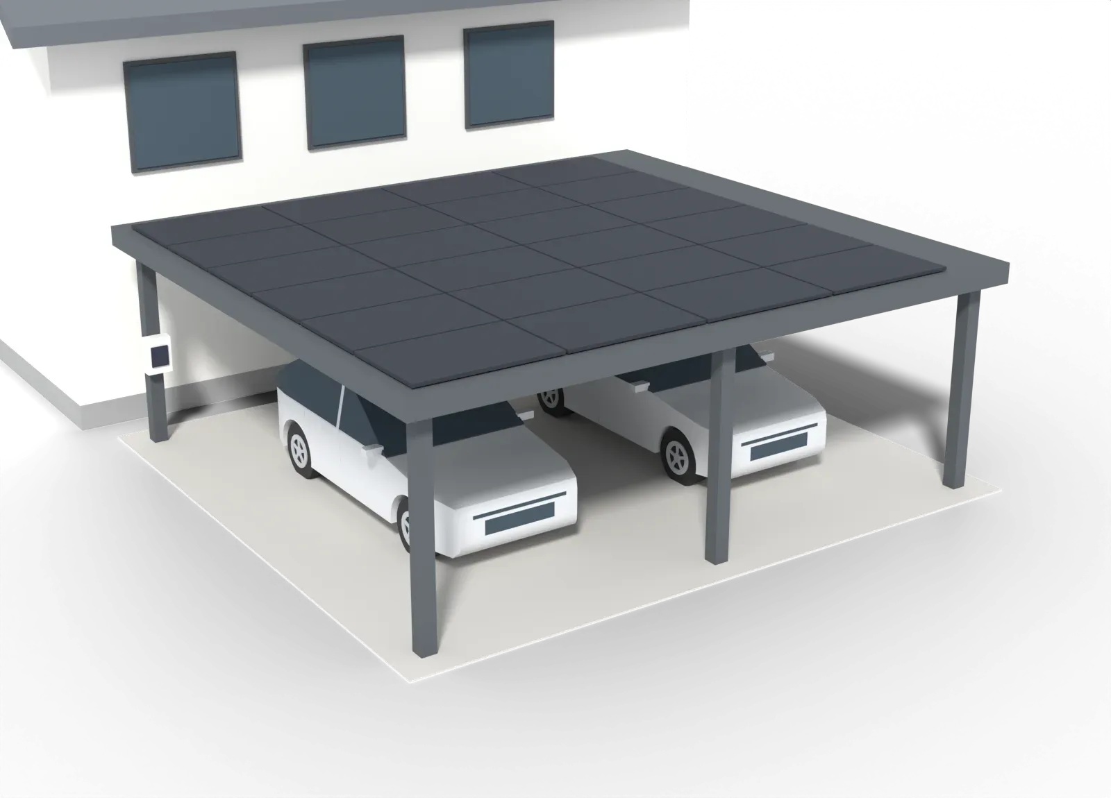 3D-Modell eines Solar-Carports: Strom fließt vom Moduldach über die Wallbox ins Auto