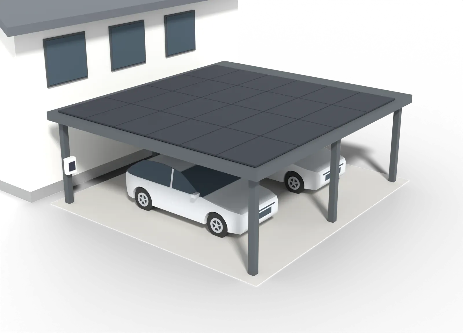 3D-Modell eines Doppelcarports mit Modulen als Dach vor einem Wohnhaus: Solarstrom läuft über das Dach, am hinteren Pfosten hinunter in die Wallbox und als Ladekabel zum Auto