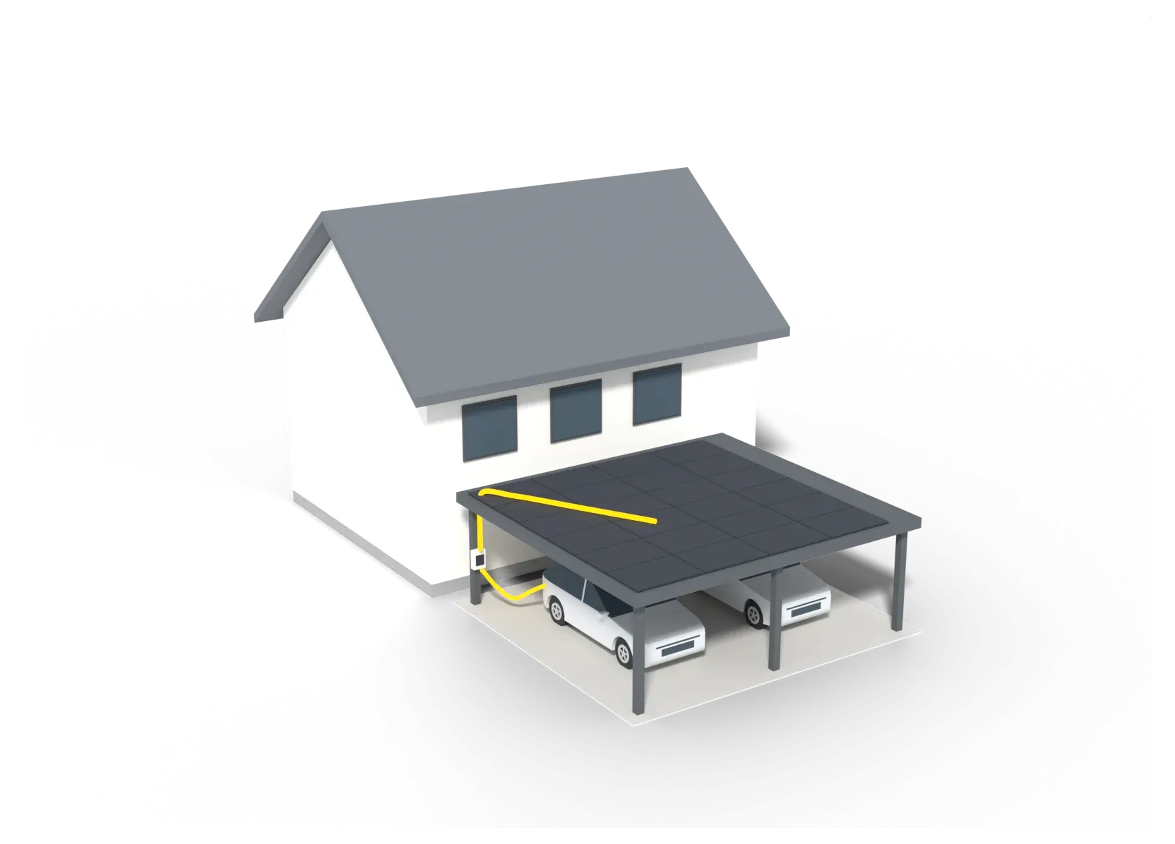 3D-Modell eines Doppelcarports mit Solarmodulen vor einem Wohnhaus