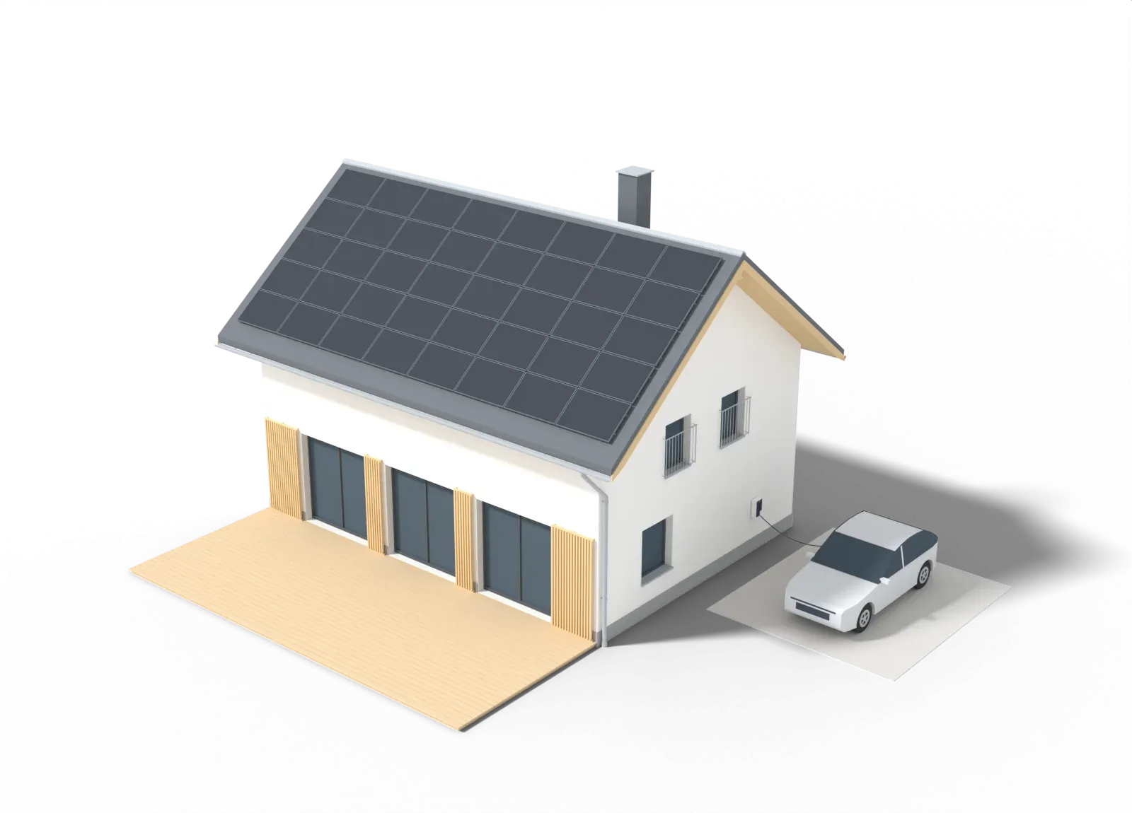 3D-Modell eines Einfamilienhauses: Solarstrom fließt vom Dach über das Fallrohr ins Haus und von der Wallbox ins Auto