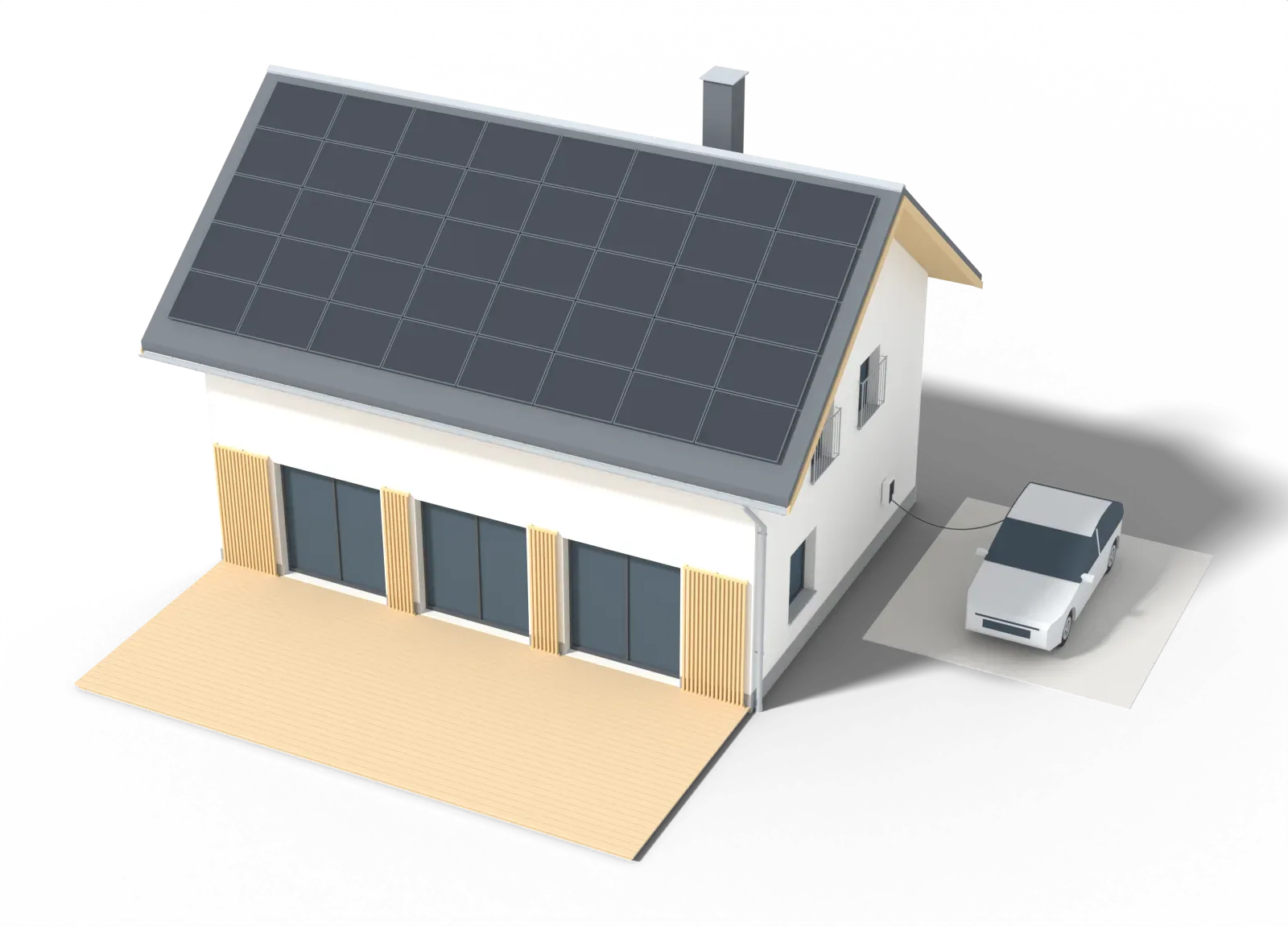 3D-Modell eines Einfamilienhauses mit Photovoltaik auf dem Dach: Solarstrom fließt über das Fallrohr ins Haus und zur Wallbox am Stellplatz