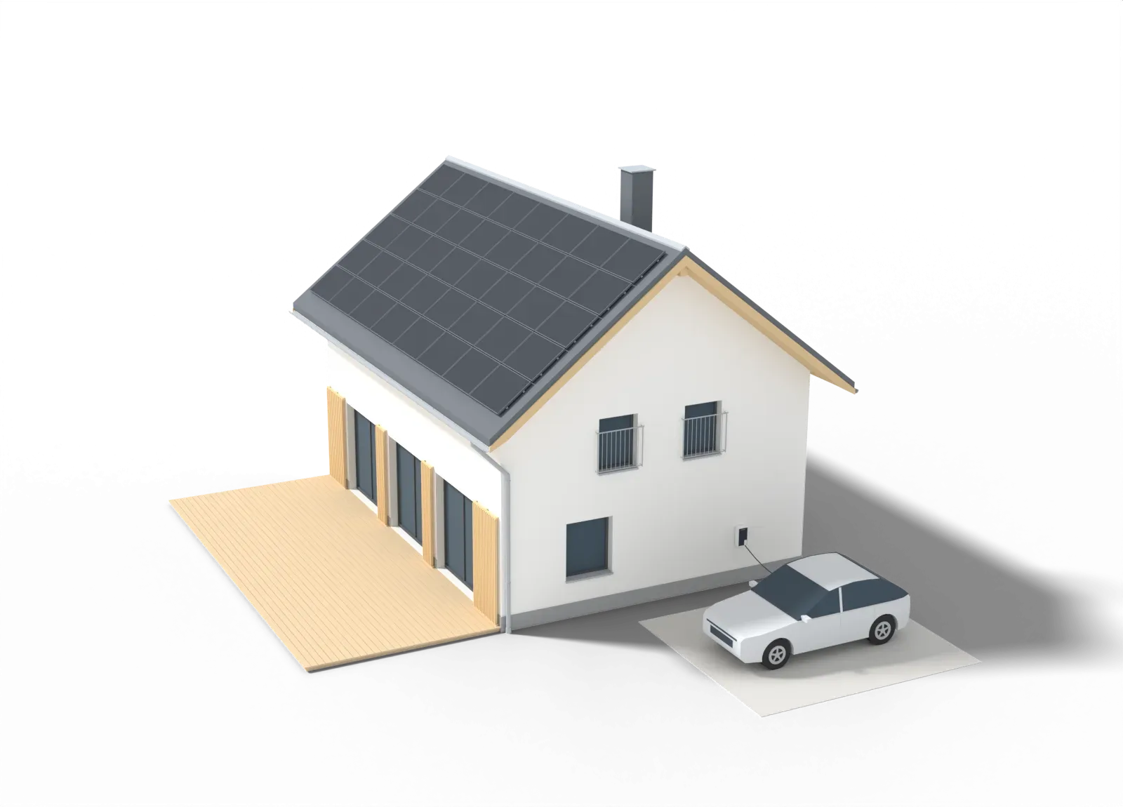 3D-Modell des Hauses von Osten: Solarstrom fließt vom Dach über das Fallrohr ins Haus und von der Wallbox ins Auto