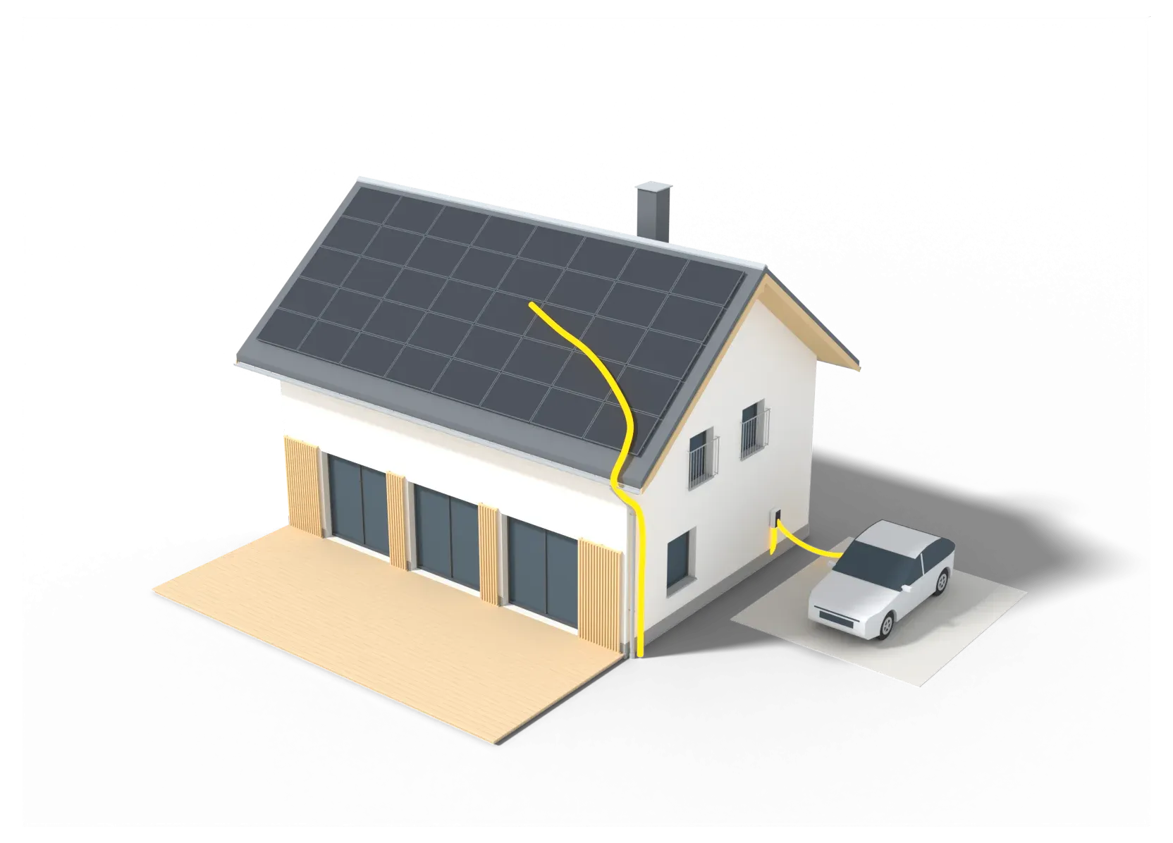 3D-Modell eines Einfamilienhauses mit PV-Anlage auf dem Satteldach