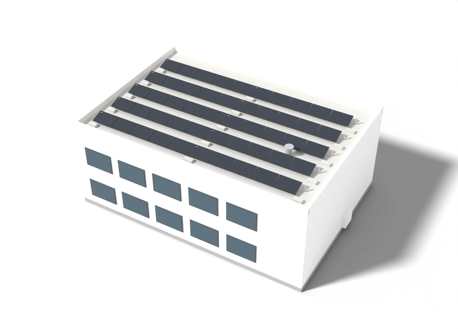 3D-Modell eines Gebäudes mit Flachdach und Attika, darauf fünf aufgeständerte Modulreihen nach Süden mit Ballaststeinen: Solarstrom läuft über das Dach und an der Fassade hinunter zum Zählerschrank