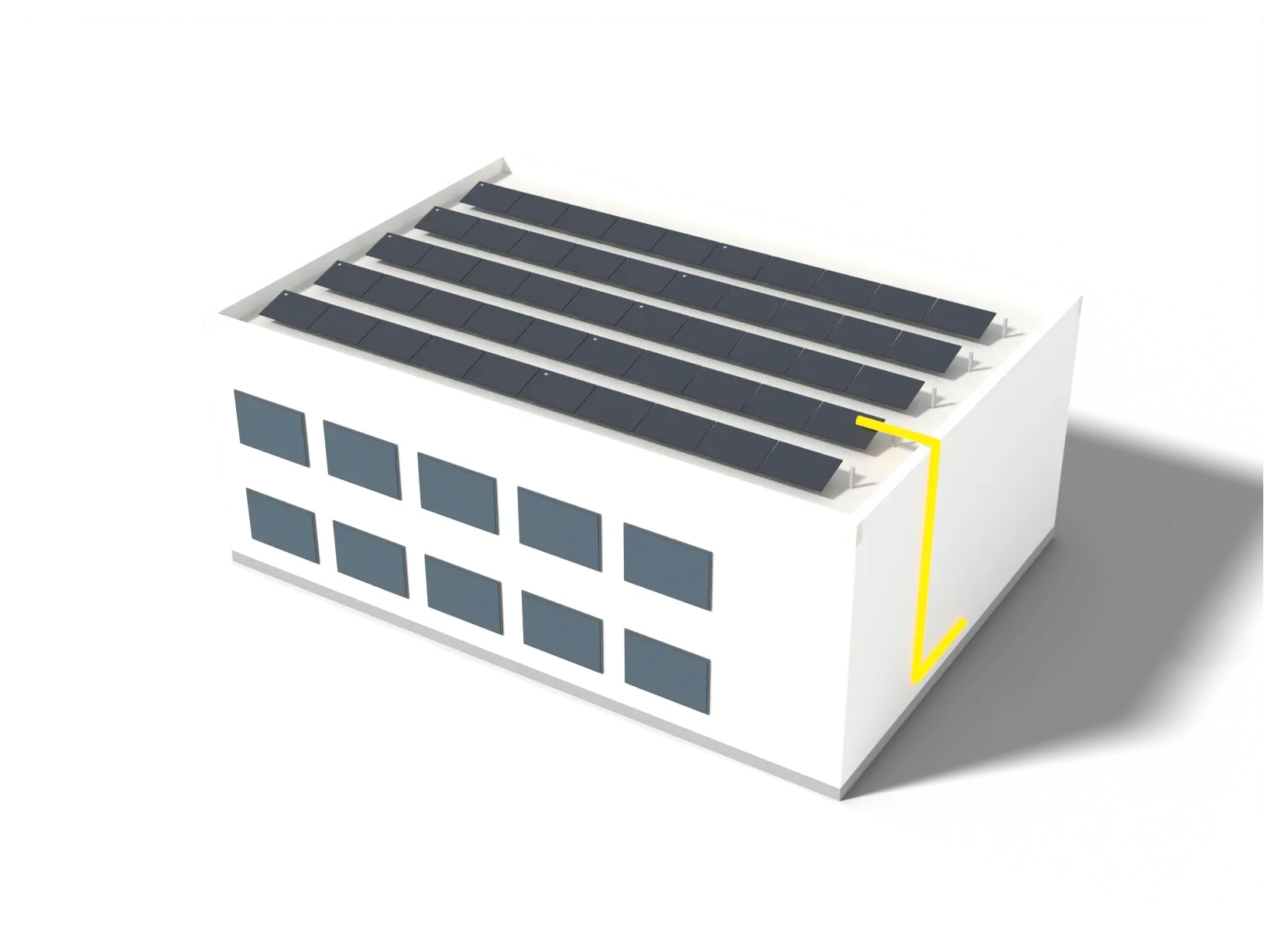 3D-Modell eines Flachdachgebäudes mit aufgeständerten Modulreihen