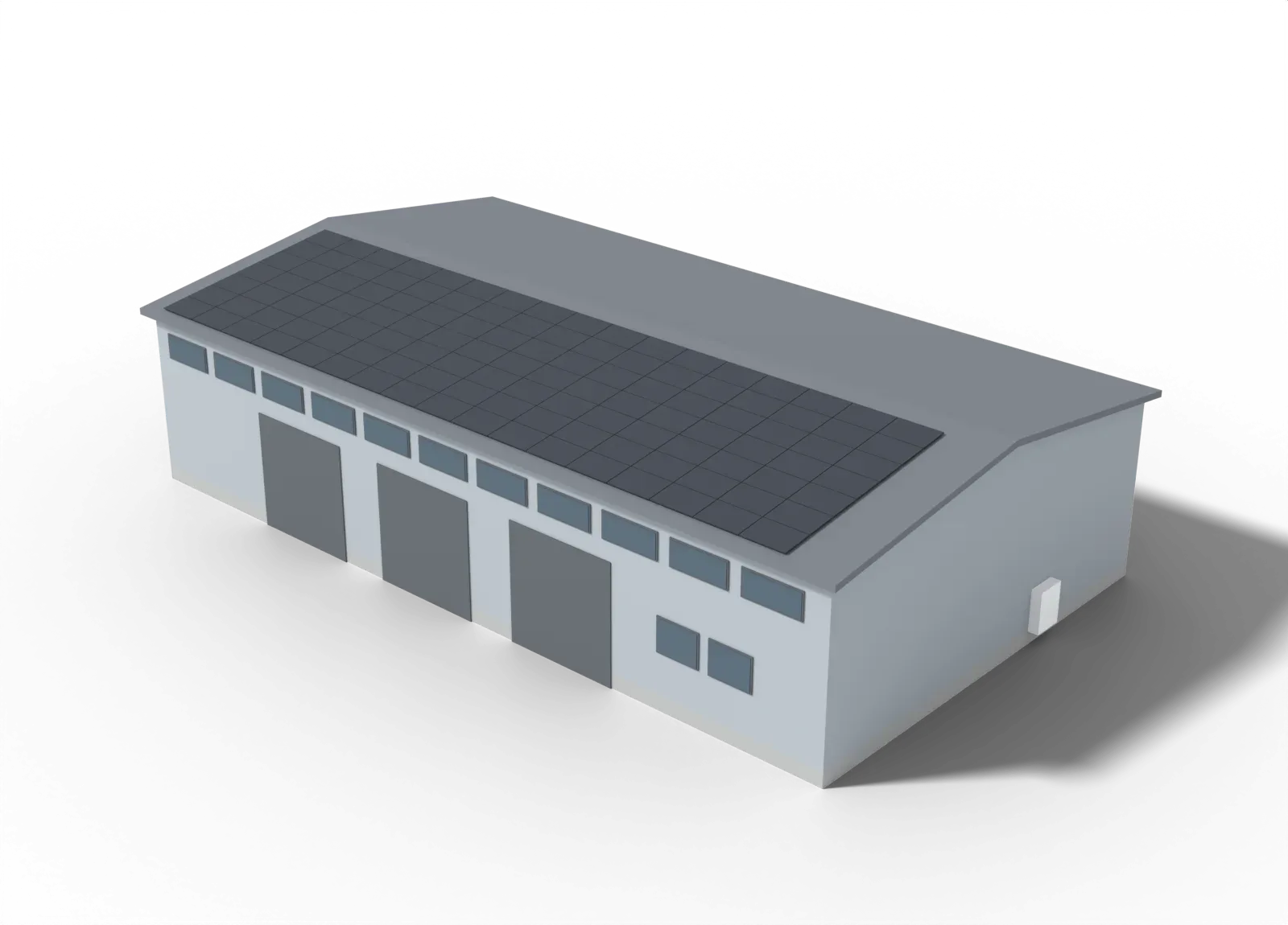3D-Modell einer Gewerbehalle mit Photovoltaik auf der Südseite des flachen Satteldachs: Solarstrom läuft über das Dach, am Giebel hinunter und zum Zählerschrank an der Stirnseite