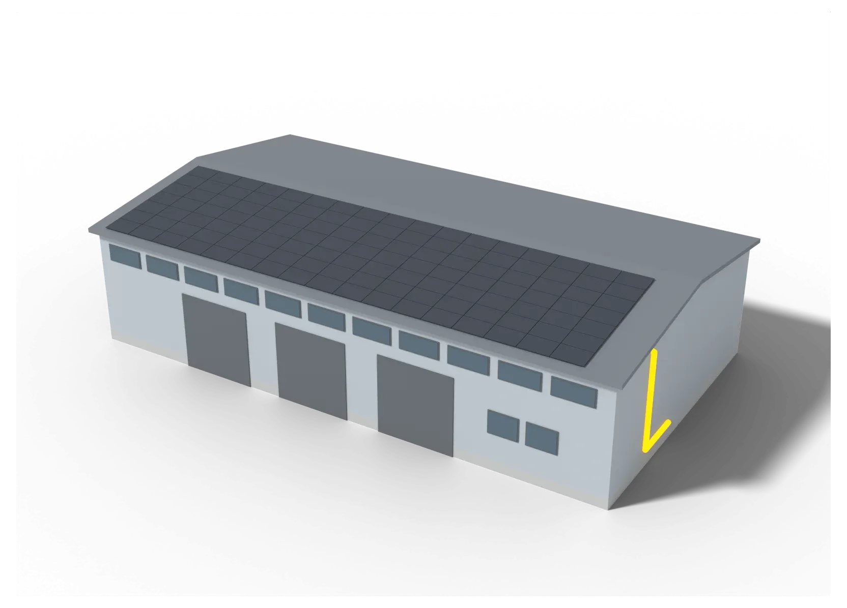 3D-Modell einer Gewerbehalle mit PV-Anlage auf dem flach geneigten Dach