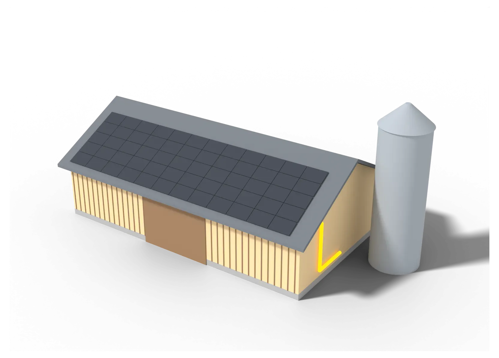 3D-Modell einer Scheune mit PV-Anlage und Silo