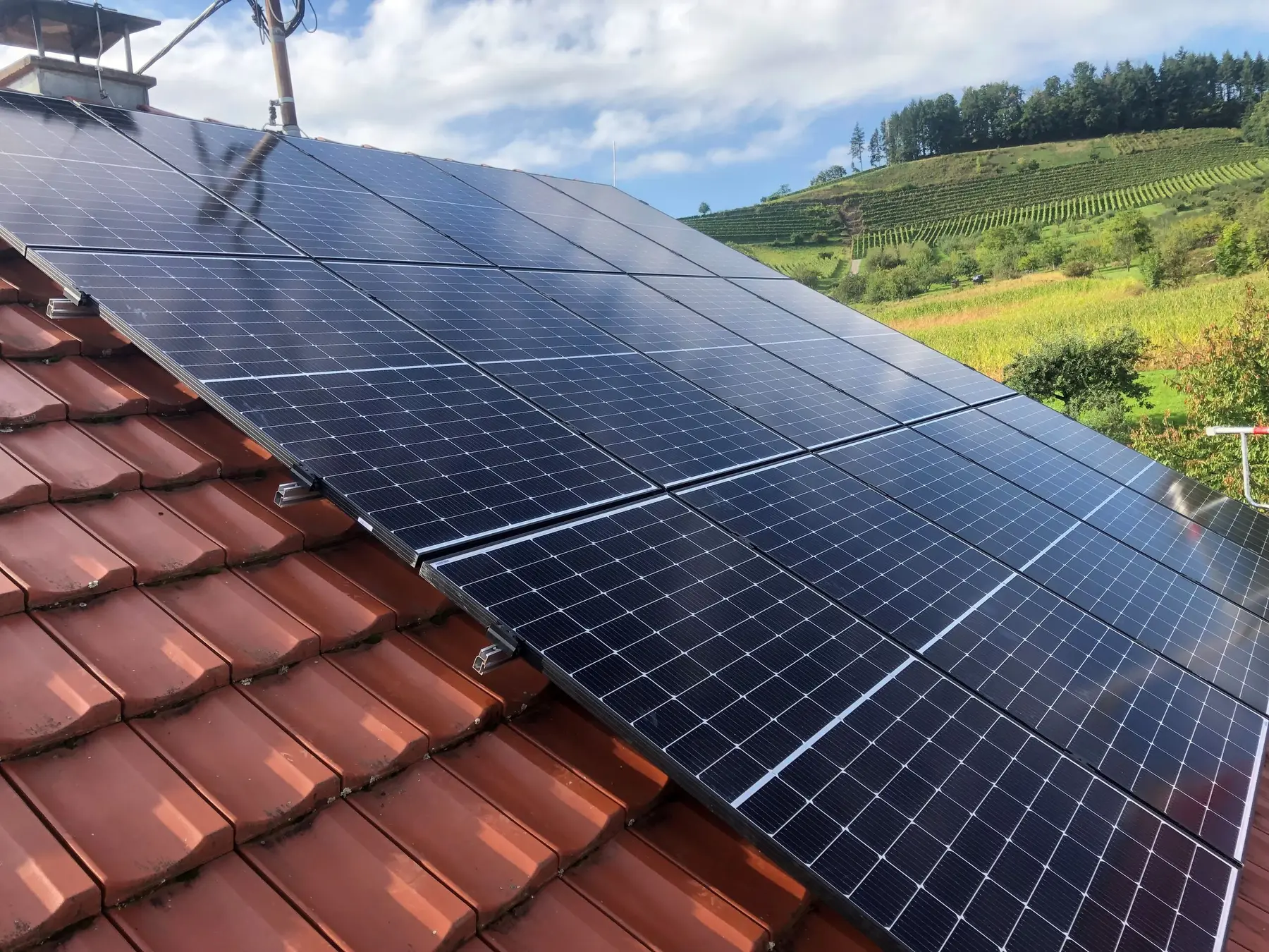 Photovoltaikanlage auf einem Ziegeldach, im Hintergrund ein Hang mit Weinreben