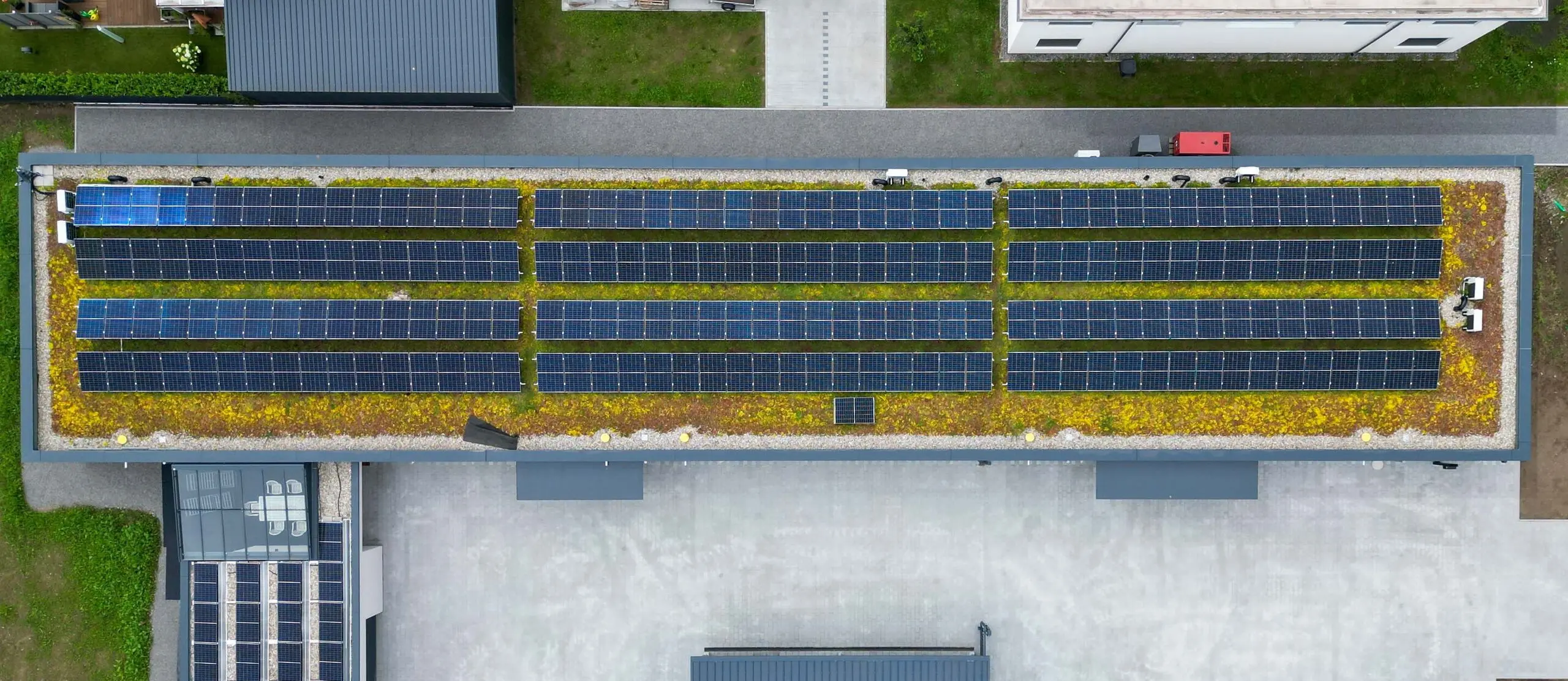 Luftaufnahme eines langgestreckten Gewerbegebäudes in Berghaupten: vier Reihen Photovoltaikmodule auf dem begrünten Flachdach, darunter der gepflasterte Betriebshof
