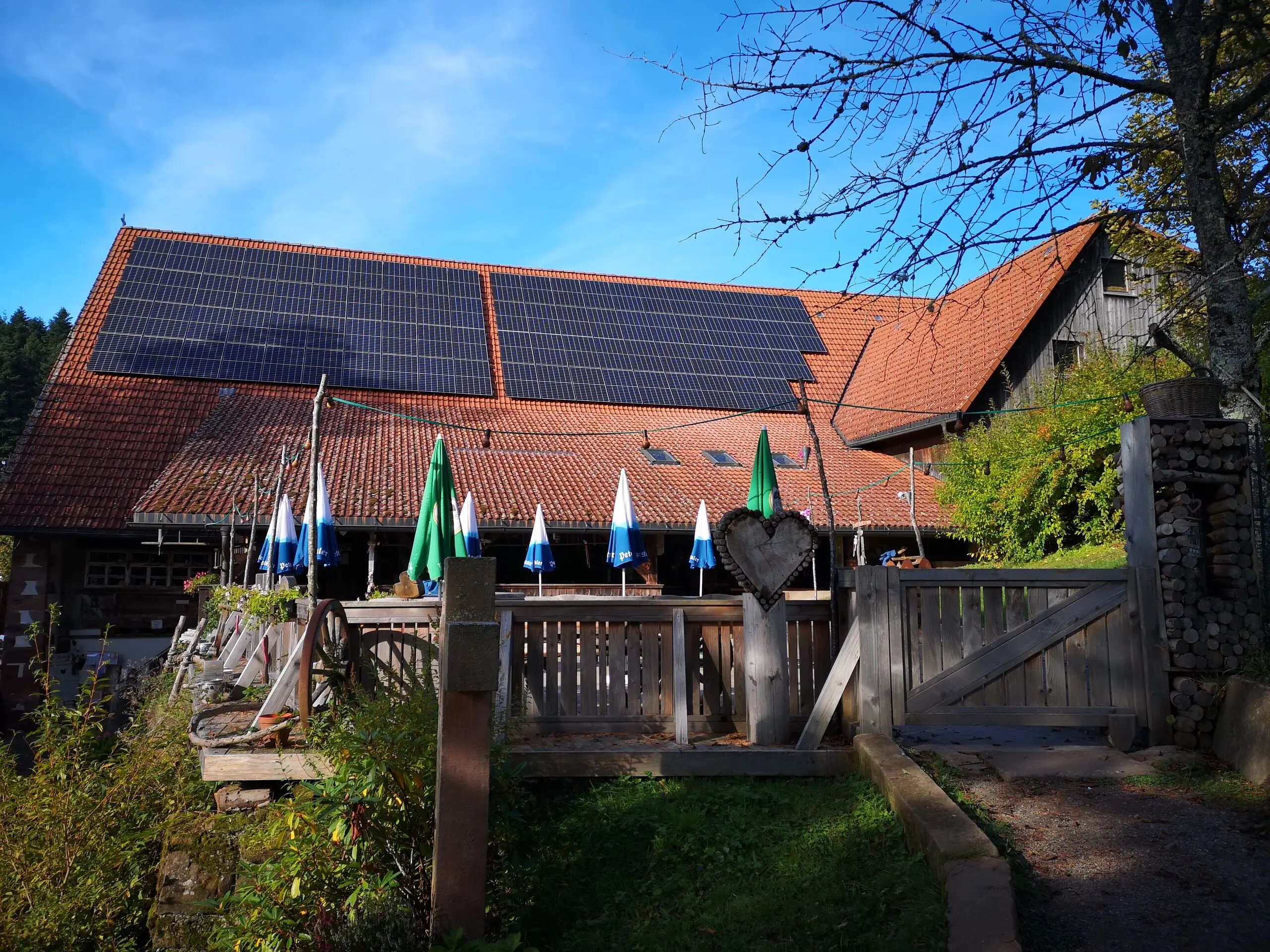Schwarzwaldhof mit großflächiger Photovoltaikanlage auf dem roten Ziegeldach, rechts der hölzerne Scheunenteil