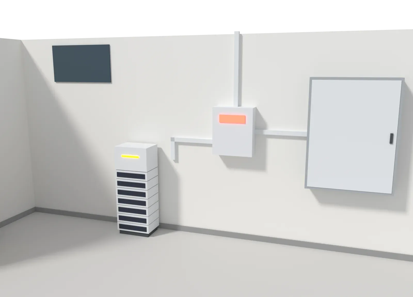 3D-Modell eines Technikkellers: Die Leitung vom Dach endet am Wechselrichter, dessen Display rot leuchtet, daneben Batteriespeicher und Zählerschrank