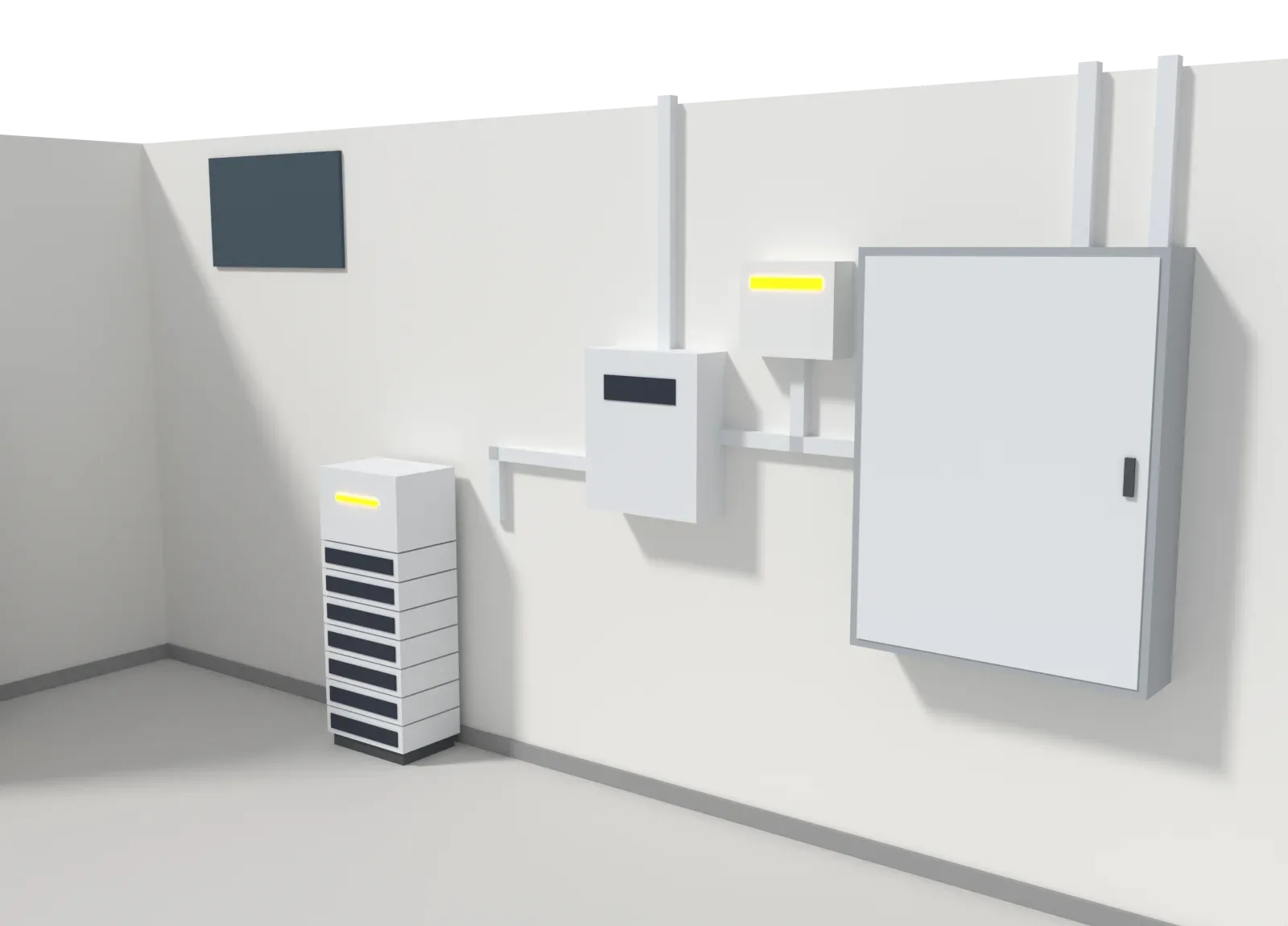 Schematisches 3D-Modell eines Technikkellers: Speicherturm, Wechselrichter, FEMS-Kasten und Zählerschrank, dazu Leitungen nach oben zu Wallbox und Wärmepumpe