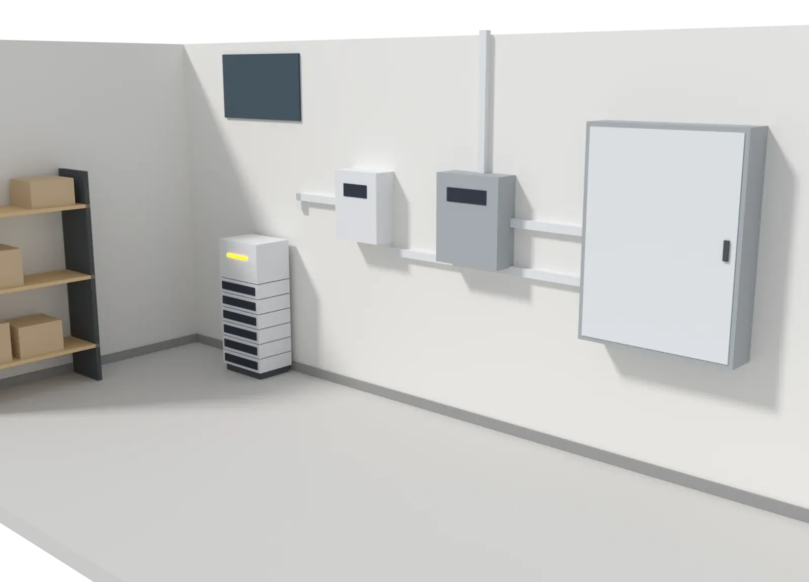3D-Modell eines Technikkellers: vorhandener Wechselrichter in Grau, daneben neu ein Batteriewechselrichter und ein Speicherturm, dazu der Zählerschrank. Der Solarstrom läuft vom Dach über den Zählerschrank in den neuen Speicher
