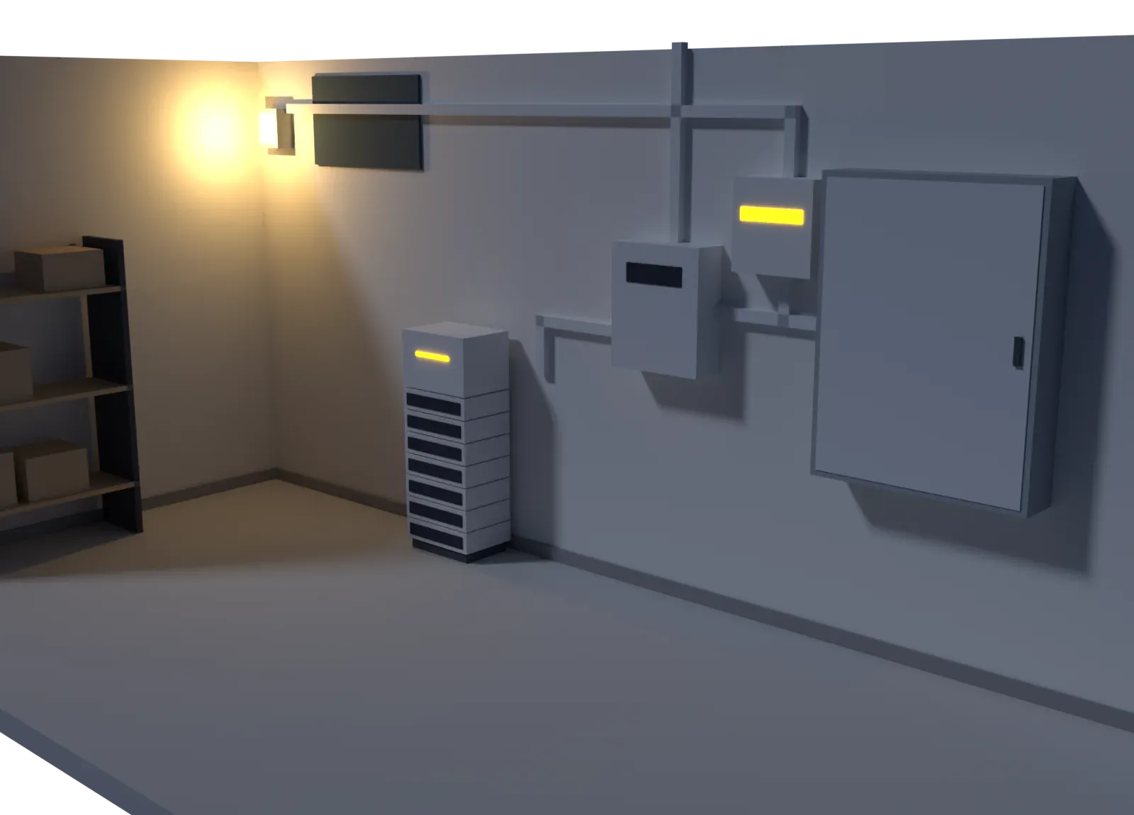 3D-Modell eines dunklen Technikkellers bei Stromausfall: Der Speicher versorgt über Wechselrichter und Umschalteinrichtung eine Wandleuchte, der Zählerschrank ist vom Netz getrennt