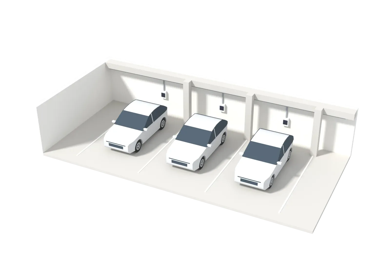 3D-Modell einer Tiefgarage: eine Zuleitung auf der Kabeltrasse versorgt drei Wallboxen